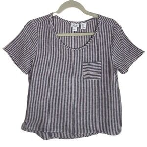 Nicole Miller New York Small Blue Stripe Linen Pocket Tee Short Sleeve